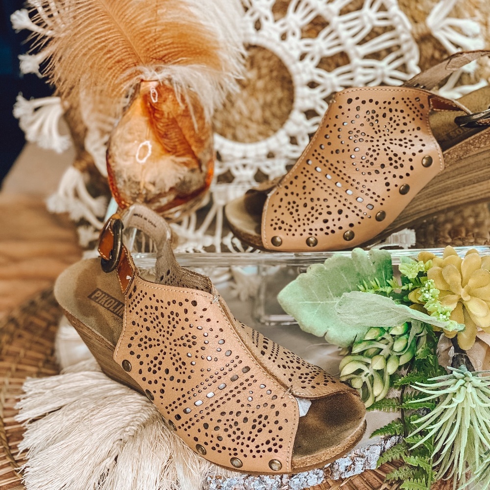 Pikolinos Benissa Tan Laser Cut Out Wedge Sandals